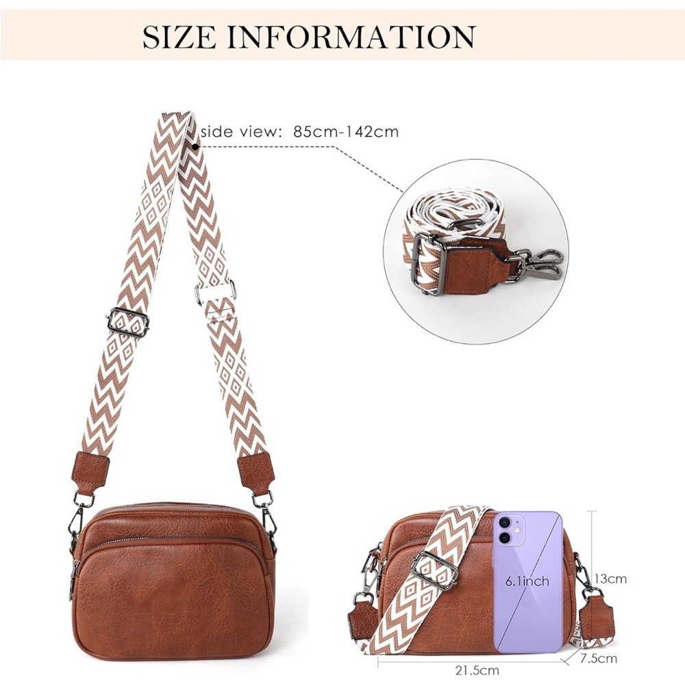 Brown Crossbody Bag with Patterned Strap - Picture 3 of 6
